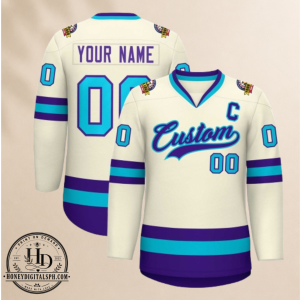 Custom Khaki Purple-Light Blue Classic Style Hockey Jersey 3 1 8